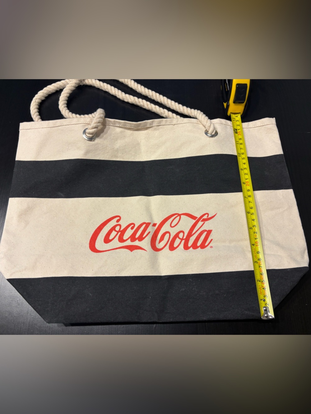 Coca-Cola Canvas Tote Black Cream Striped Nautical Rope Handle Beach Bag - Picture 6 of 9